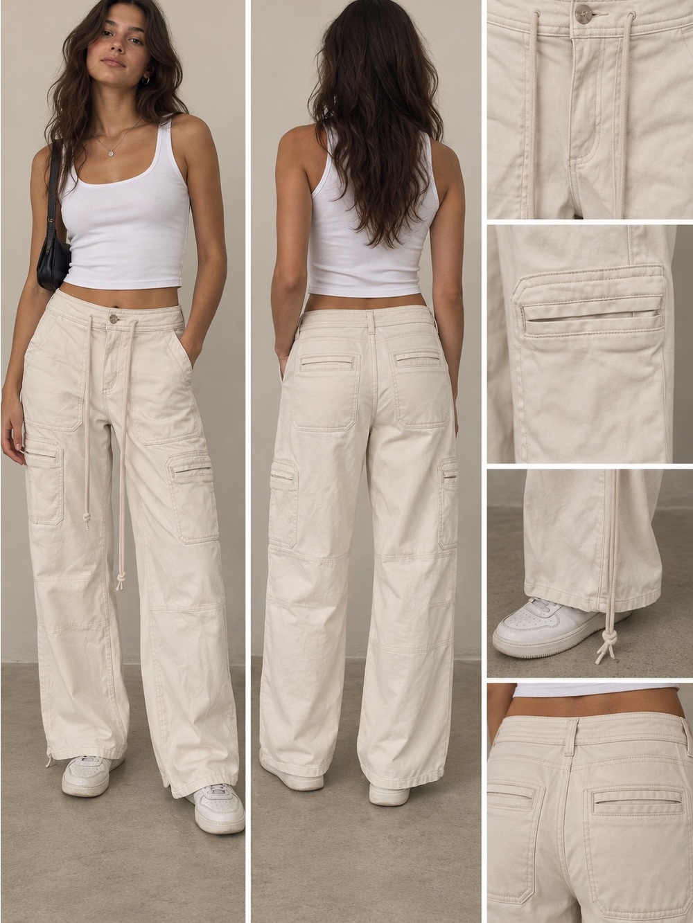 Copper Key Y2K High Rise Baggy Wide Leg Cargo Pants Beige Size Small